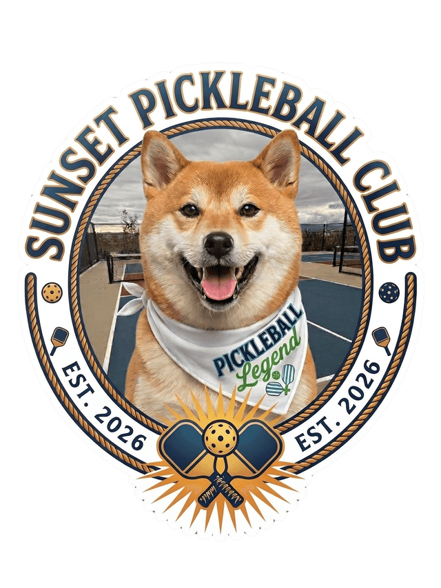 Sunset Pickleball Club — the Shiba Inu mascot